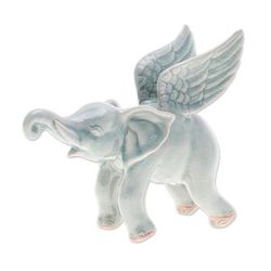 'Crackled-Finished Celadon Ceramic Winged Elephant Figurine'