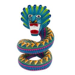 'Hand-Painted Wood Alebrije Quetzalcoatl Serpent Figurine'