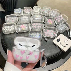 Ins Heart Flower Bling Glitter Soft TPU Earphone Case For Airpods Pro 2nd Generation Air Pods 1 2 3 4 Cover Accessories Keychain