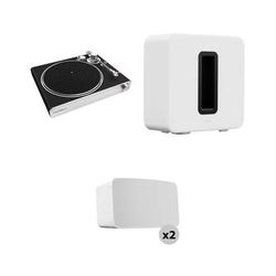 Victrola Stream Carbon Turntable with a Pair of White Sonos Five Speakers and Sonos VPT-3000-BSL