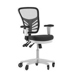 Flash Furniture HL-0001-WH-BK-RLB-GG Swivel Office Chair w/ Mid Back & Roller Wheels - Black Mesh Back & Seat, White Base, Adjustable Arms