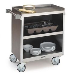 Lakeside 822 WAL 31 1/4"L Metal Bus Cart w/ 3 Levels, Shelves, Walnut, Brown