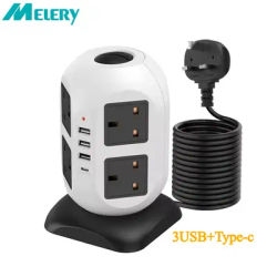 Tower Power Strip Vertical UK Plug Adapter Outlets 8 way AC Multi Electrical Sockets with USB Surge Protector 3m Extension Cord
