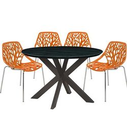 Leisuremod Ravenna Mid-Century Modern 5-Piece Metal Dining Set with 4 Stackable Plastic Chairs and Round Wood Table with Geometric Base for Kitchen and Dining Room - Leisurmod RTX47AC16OR4