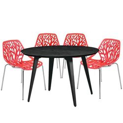 Leisuremod Ravenna Mid-Century Modern 5-Piece Dining Set with 4 Stackable Plastic Chairs and Round Wood Table with Metal Base for Kitchen and Dining Room - Leisurmod RTM47AC16R4