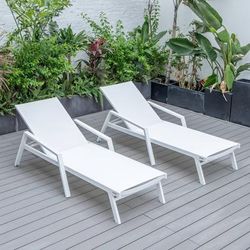 LeisureMod Marlin Patio Chaise Lounge Chair With Armrests in White Aluminum Frame, Set of 2 - Leisurmod MLAW-77W2