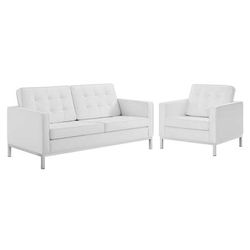Loft Tufted Upholstered Faux Leather Loveseat and Armchair Set - East End Imports EEI-4102-SLV-WHI-SET