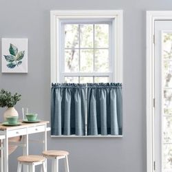 Wide Width Lisa Solidtextured Tailored Tiers by Ellis Curtains in Dusty Blue (Size 56" W 24" L)