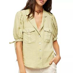 Free People Tops | Free People Safari Babe Linen Viscose Green Fern Xs Seashell Buttons | Color: Green | Size: Xs