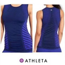 Athleta Tops | Athleta Yoga Top Fastest Track Ruched Muscle Tank Jet Stripe Yoga Workout Med | Color: Blue/Purple | Size: M