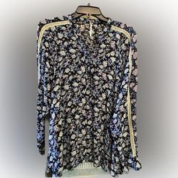 Free People Tops | Free People Gorgeous Button Down Blouse With Flower Motif And Matching Belt! | Color: Black/Blue | Size: M