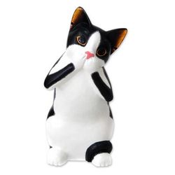 'Speak No Evil Spotted Cat' - Wood Sculpture from Indonesia