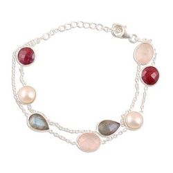 Glamorous Glisten,'Multi-Gemstone Station Strand Bracelet from India'