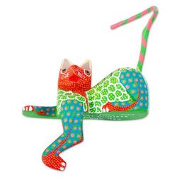 Lounging Cat in Green,'Handmade Alebrije for Shelf or Table'