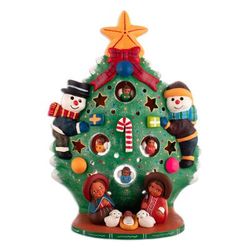 'Hand-Painted Andean-Themed Christmas Tree Ceramic Sculpture'