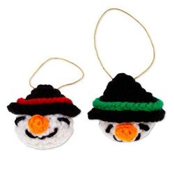 Snowman Smiles,'Handmade Crocheted Snowman Head Ornaments (Pair)'