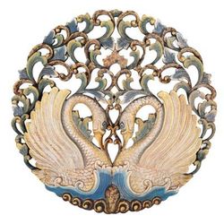 Swan Glory,'Hand-Painted Swan-Themed Suar Wood Relief Panel from Bali'