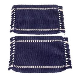 Moments,'Pair of Hand-Woven Fringed Cotton Coasters in Blue and White'