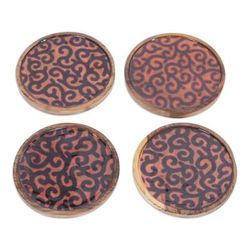 Fire Ivy,'Set of 4 Ivy-Patterned Black and Orange Neem Wood Coasters'