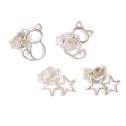 Cats and Stars,'Sterling Silver Stud Earrings with Cats and Stars (Pair)'