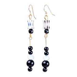 Luxurious Illusion,'Black and White Plastic and Glass Beaded Dangle Earrings'