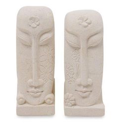 Harum Couple,'Pair of Hand Carved Sandstone Face Sculptures from Indonesia'