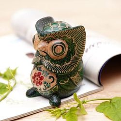 Midnight Owlet,'Batik Floral Owlet-Shaped Green Pule Wood Figurine'