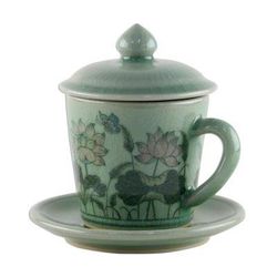 Lanna Luxury,'Celadon Glazed Ceramic Floral Cup and Saucer from Thailand'
