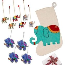 Elephant Cheer,'10 Elephant Ornaments & Christmas Stocking Curated Gift Set'