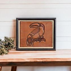 'Handcrafted Toucan-Themed Pinewood-Framed Leather Wall Art'
