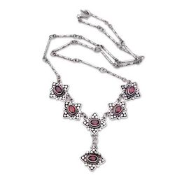 Sterling silver and garnet Y Necklace, 'Stellar Sextet'