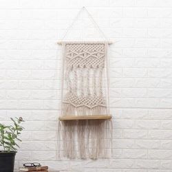 Serene Twists,'Woven Beige Cotton Macrame Hanging Shelf with Wood Accents'