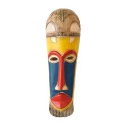 Sankori,'Handcrafted Blue, Red and Yellow African Sese Wood Mask'