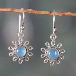 Kind Sun,'Sun-Shaped Sterling Silver Chalcedony Dangle Earrings'