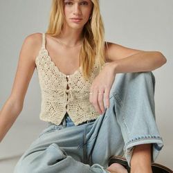 Lucky Brand Crochet Tie Front Tank - Women's Clothing Tops Tank Top in Gardenia, Size 2XL