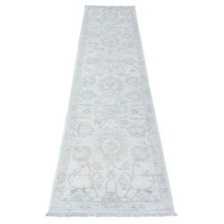 Dove White, Hand Knotted, Pure Wool, Distressed White Wash Peshawar, Runner Oriental Rug 2'5"x9'6" - 2'5" x 9'6"