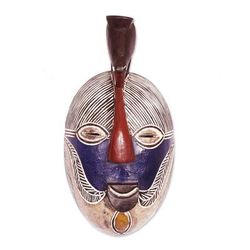 Songye Kifwebe,'Handmade Congolese Wood Wall Mask with Bird Accent'