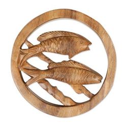 'Pisces-Themed Hand-Carved Round Suar Wood Relief Panel'