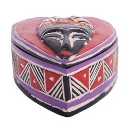 'Hand-Painted Heart-Shaped Wood Jewelry Box with Mask Accent'