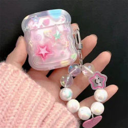 Étui AirPods 1 2 3 avec bordure ondulée, mignon coréen, étoile rose 3D, avec pendentif en perles de cœur d'amour, couverture souple pour AirPods Pro 2