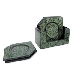 Lacquered wood coasters, 'Jade Fantasy' (set of 6)