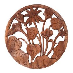 'Hand-Carved Suar Wood Relief Panel with Flowers and Leaves'