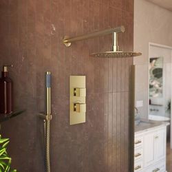 Randolph Morris Tranquil Rainfall Thermostatic Shower Set with Round Showerhead, Square Handles, and Round Handshower - Brushed Brass RMAS-2TSQ-RH-HSW-BB