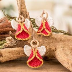 Lovely Creation,'Set of 3 Handcrafted Red Cotton and Wood Angel Ornaments'