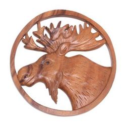 Moose Portrait,'Hand Carved Suar Wood Moose Wall Panel'