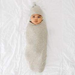 Heather Stone Ribbed Swaddle & Hat Set - OSFA