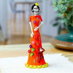 'Hand-Painted Catrina & Monkey Ceramic Sculpture from Mexico'