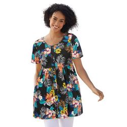 Plus Size Women's Short-Sleeve Empire Waist Tunic by Woman Within in Black Hibiscus Tropicana (Size 38/40)