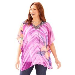 Plus Size Women's Georgette Peasant Poncho by Catherines in Berry Pink Tropical Chevron (Size 0X/1X)