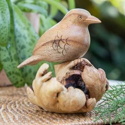 Single Sparrow,'Handcrafted Jempinis and Benalu Wood Bird Sculpture'